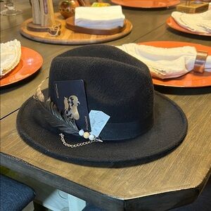 Topman Black Fedora with Feather and Chain Detail